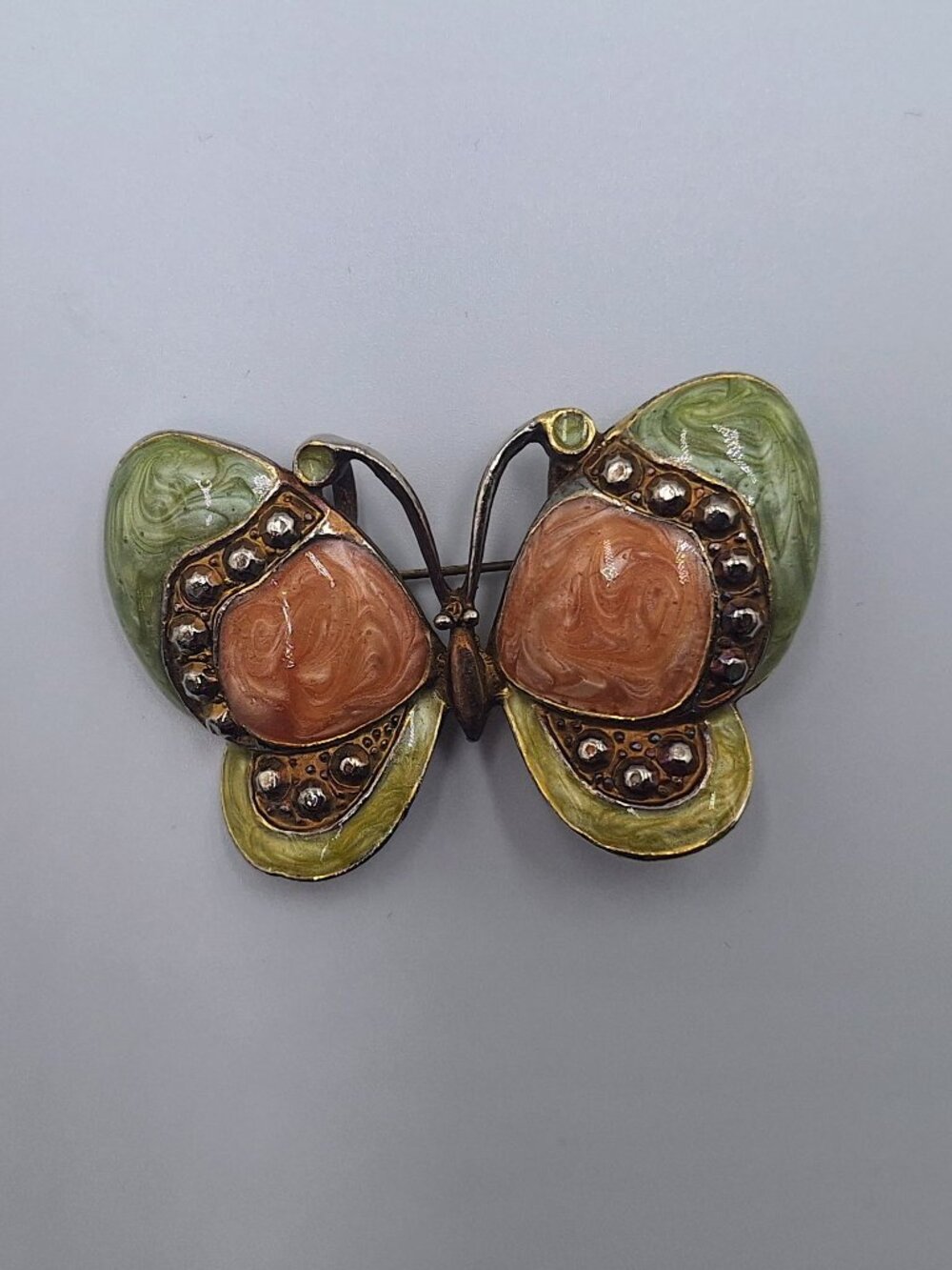 Vintage Swirl Enamel Green and Peach Gold Tone Butterfly Pin Brooch
